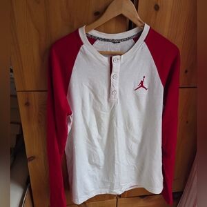 Jordan Air Red and White Long Sleeve Henley Tee Size Medium